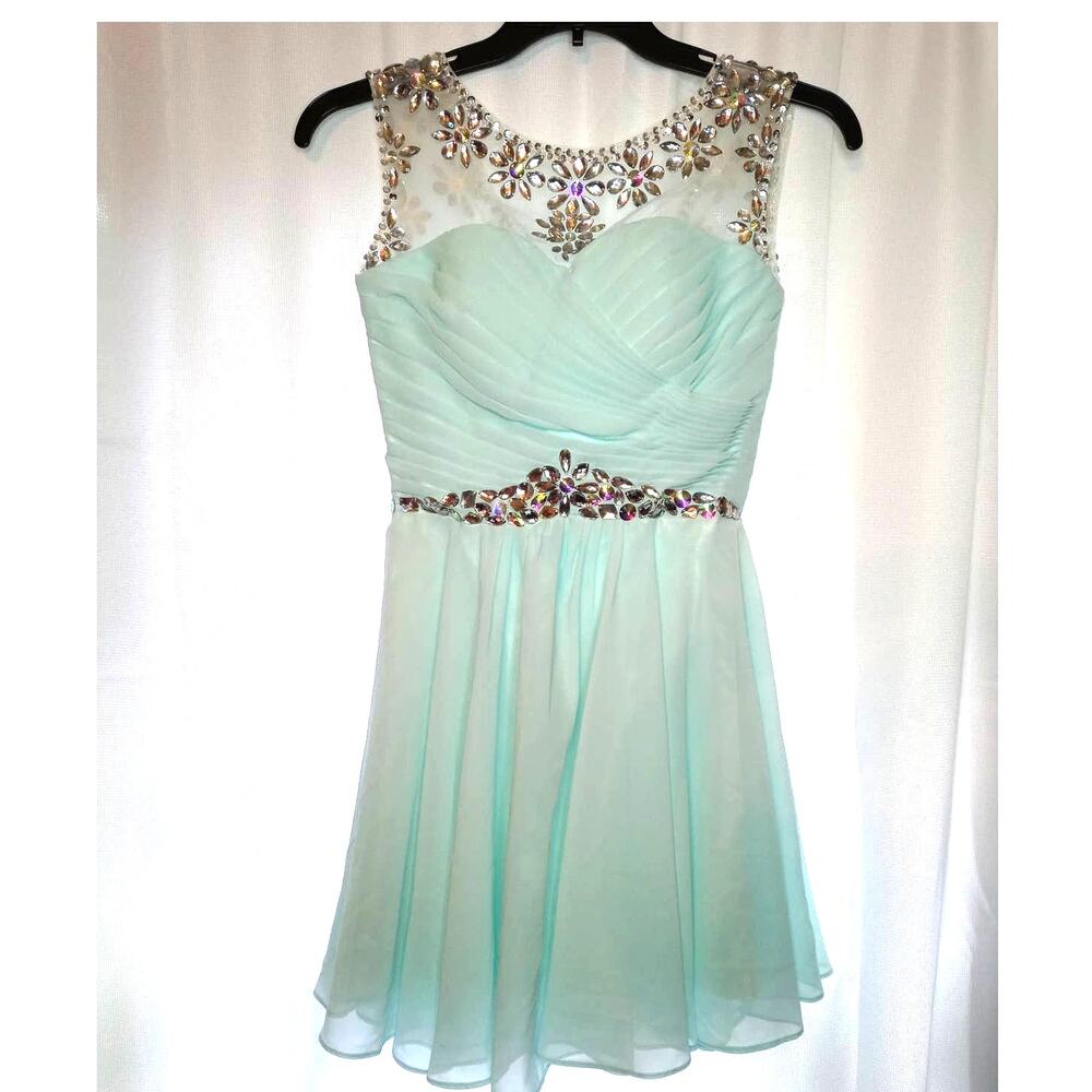 Sheer Mesh Neck Embellished Dress Turquoise Unbranded Sleeveless